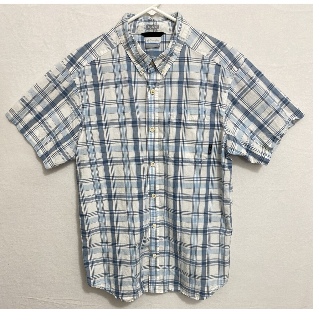 Columbia Regular Fit Shirt Men's MEDIUM Short Sleeve Blue White Plaid Pocket